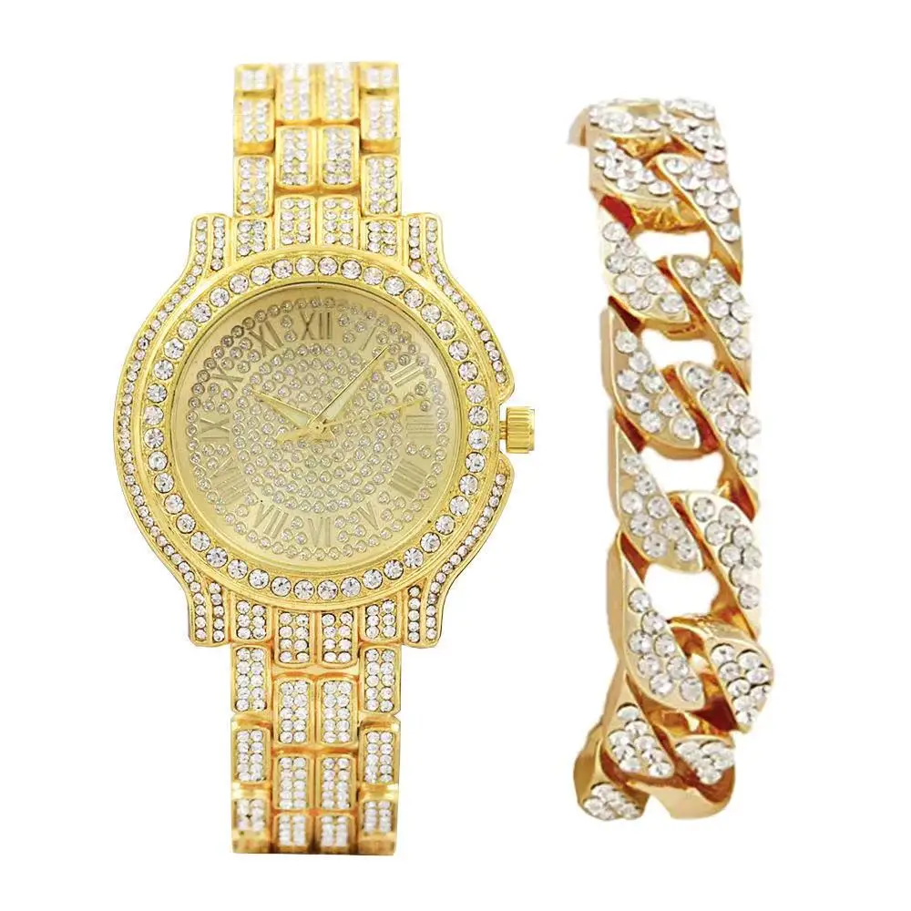 Silver Gold Watch + Bracelet Watches Set Hip Hop Miami Curb Cuban Chain Iced Out Paved Rhinestones Bling Rapper for Men Jewelry