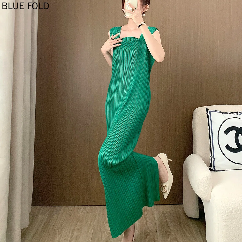 

Miyake Fashion Pleated Dress with Suspender for Women, High-End Tank Dress, Back Slit Bottoming, Long Dress, Elegant Robe