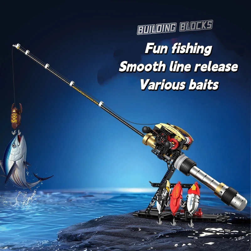 425 Piezas, Bloques de Construcción de Modelo de Carrete de Pesca/ Caña de Pescar, Juguetes MOC, Divertidos Ladrillos de Ensamblaje de Pesca, Herramientas de Pesca Realistas, Regalos para Niños