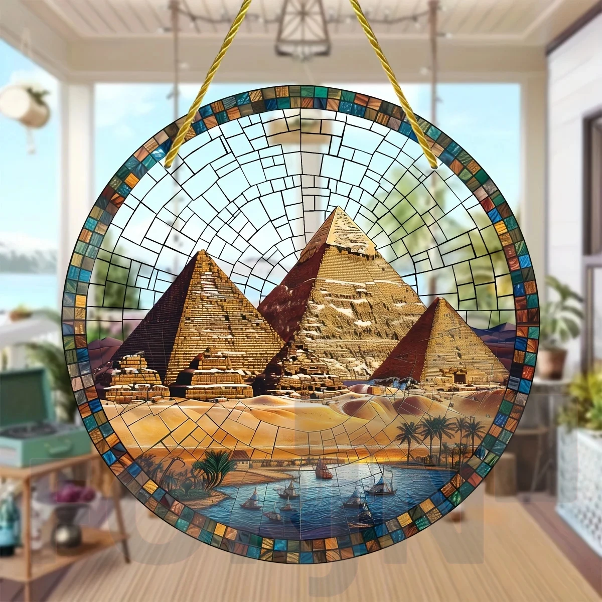 Egyptian Buster Cat Goddess,Pyramids,Key of Life Acrylic Suncatcher Round Sign,Home Room Wall Decor,Egypt Religious Themes Gifts