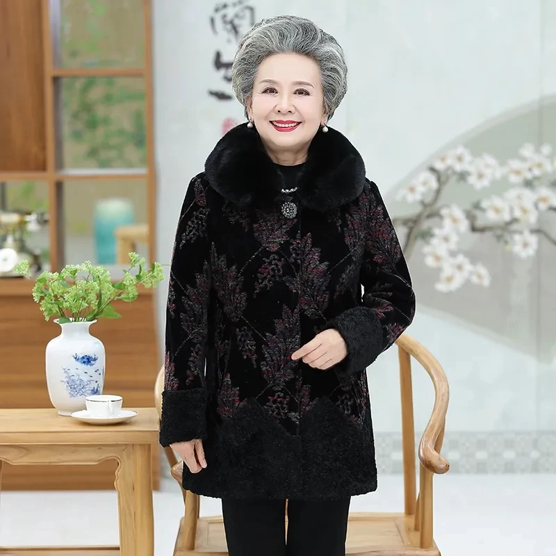 Elderly Women Winter Jacket Woolen Coats 5XL Old People Warm Outerwear Single Breasted Thicken Sheep Shearing Wool Coats W1573