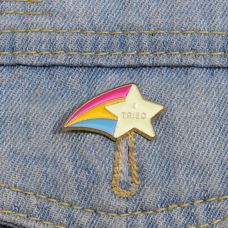 

Shooting Star Enamel Pins Custom i Tired Falling Star Brooches Lapel Badges Funny Jewelry Gift for Kids Friends