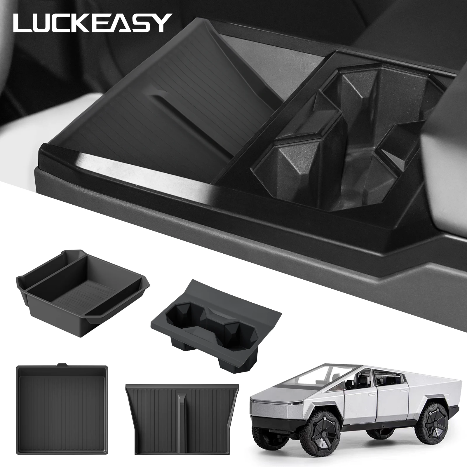 For Tesla Cybertruck 2024 Car Storage Box Kit Center Console Cup Holder Wireless Charging Mat Organizer Tray Accessories 4Pcs