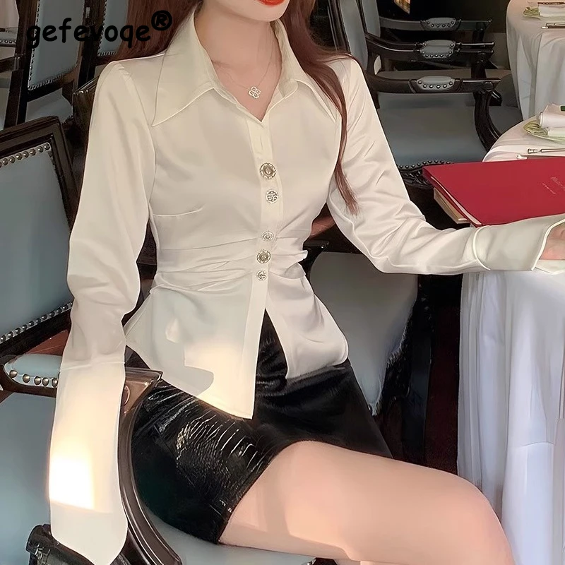 Women Vintage Fashion Ruched Sexy Satin Button Up Shirt Office Lady Elegant White Blouse Casual Y2K Long Sleeve Slim Tops Blusas