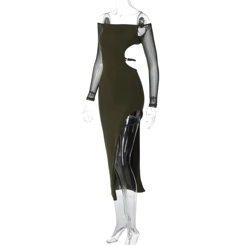 Mesh Langarm aus geschnitten rücken frei sexy Party Club Midi Split Kleid Outfits für Frauen Herbst Winter Slash Neck Bodycon Kleider
