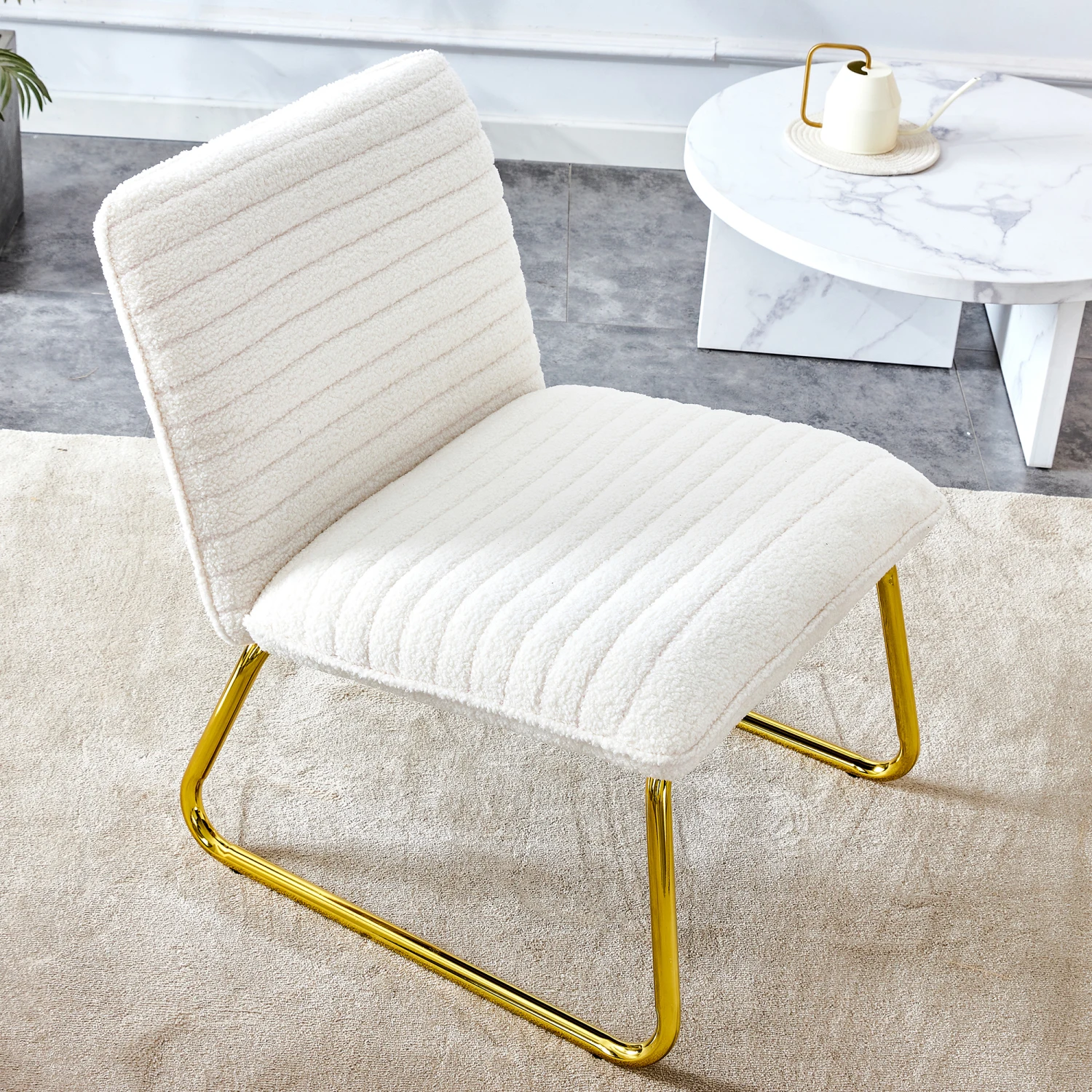 White Armless Sofa Chair with Plush Cushion & Backrest, Golden Metal Legs - Perfect for Offices, Restaurants, Kitchens, Bedrooms