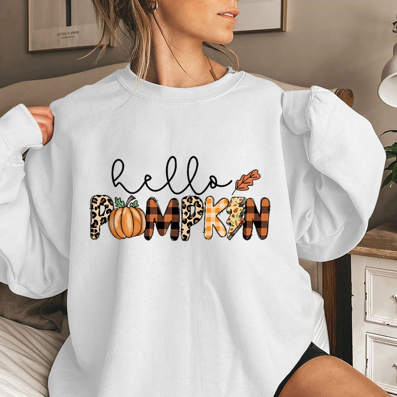 Hello Pumpkin Print Sweatshirt Funny Autumn Winter Leopard Pumpkins Sweatshirts Ladies Casual Round Neck Plus Size Pullovers