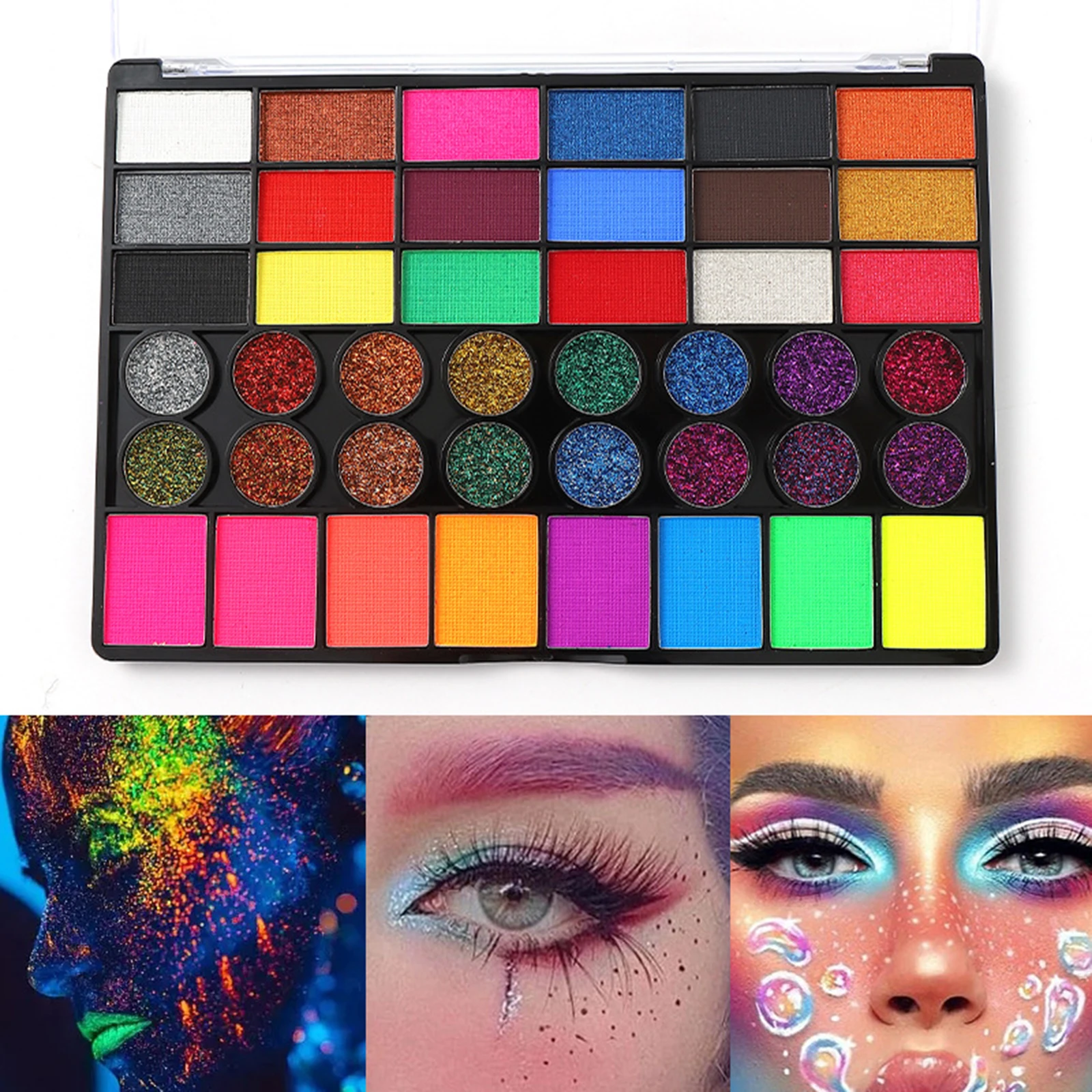 42 Colors Face Body Paint Pigment Professional Glitter and Glow Washable Makeup Tool in Night Palette for Festival Cosplay Party