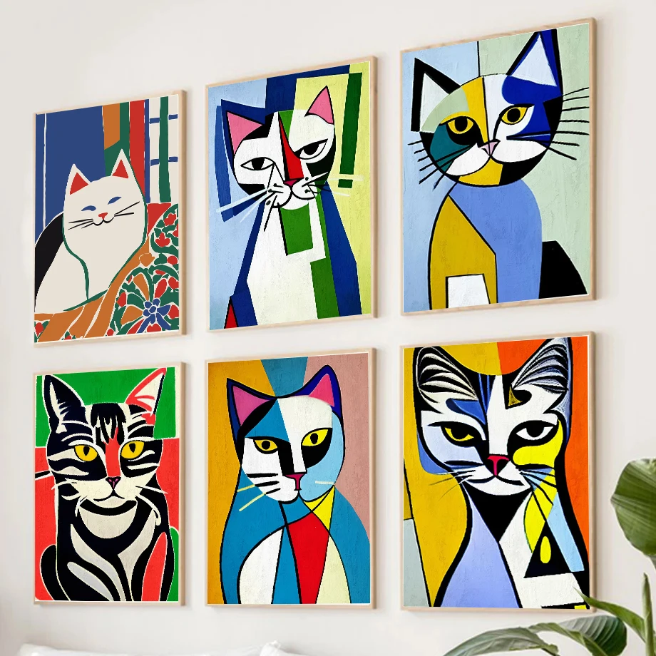 ملون مجردة الهندسة القط الملصقات ، سيارة بيضاء القط الأسود قماش اللوحة ، القطط صورة ، جدارية صور مضحكة ، ديكور المنزل