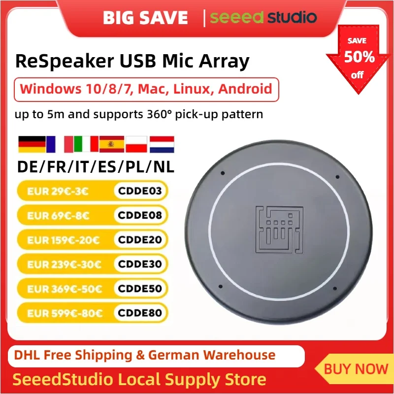 ReSpeaker USB Mic Array, SPlug & Play (No driver required), compatible with Windows 10/8/7, Mac, Linux and Android