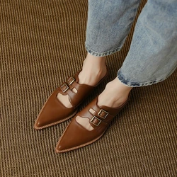 Summer Women Slippers Split Leather Shoes for Women Covered Toe Chunky Heel Mules Slingback Women Sandals Elegent Handmade Shoes