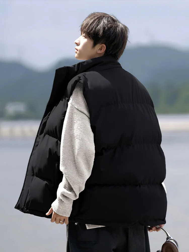 

Men's Thiened down Cotton Vest American Sle Stand Collar Jaet Warm Cozy Autumn Winter Faion Outerwear Zipper Closure