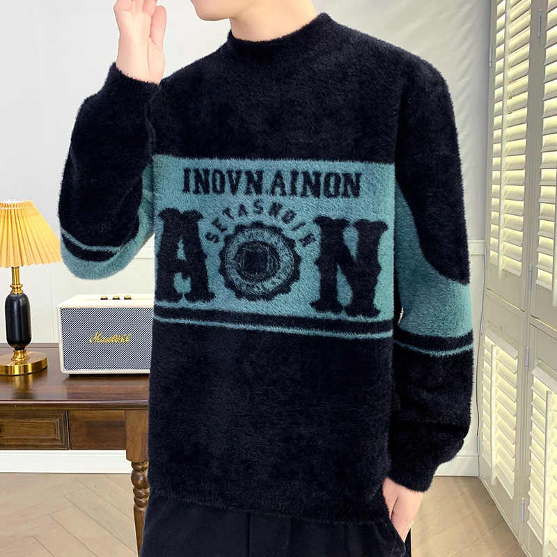 

Мужской утепленный вязаный свитер с высоким воротником, свободный, теплый базовый слой, осенне-зимний трикотаж из полиэфирного волокна