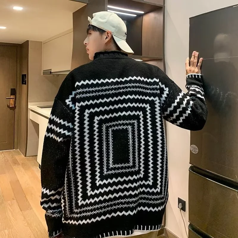 

Large Size Autumn Winter Geometric Pattern Men's Knitwear Casual Couple Sle Irregular Sweater Comfortable Loose Fit Long Sl...