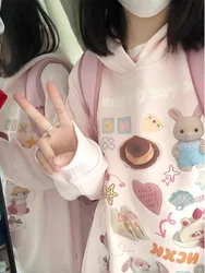 Lolita Style Cute Rabbit Cartoon Printed Hoodie Sweet Pink Anime Sweatshirts Harajuku Preppy Style E-girl Loose Casual Y2K Tops