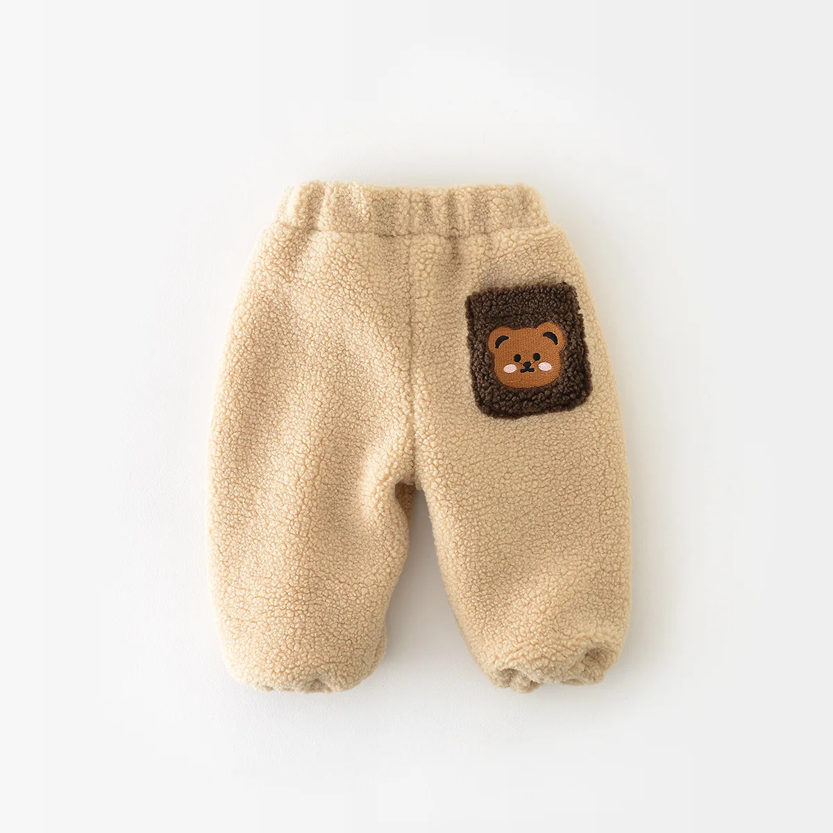 2023 Winter New Baby Fleece Trousers Infant Girls Cute Bear Pocket Warm Pants Toddler Boys Thick Casual Pants Children Clothes