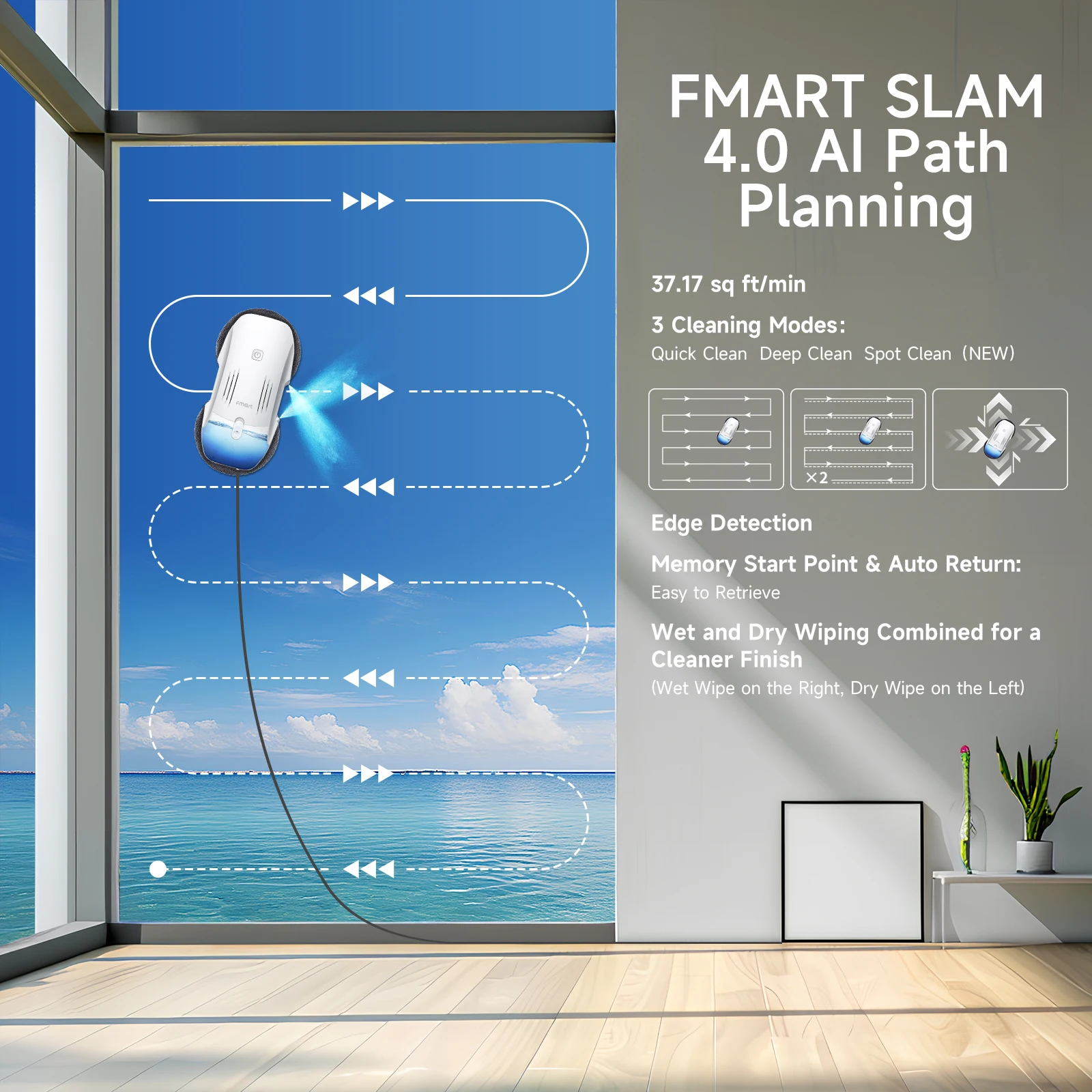 Robô de limpeza de janelas Fmart com spray de água duplo, vários modos de limpeza, máquina de limpeza de vidro, limpador automático de janelas