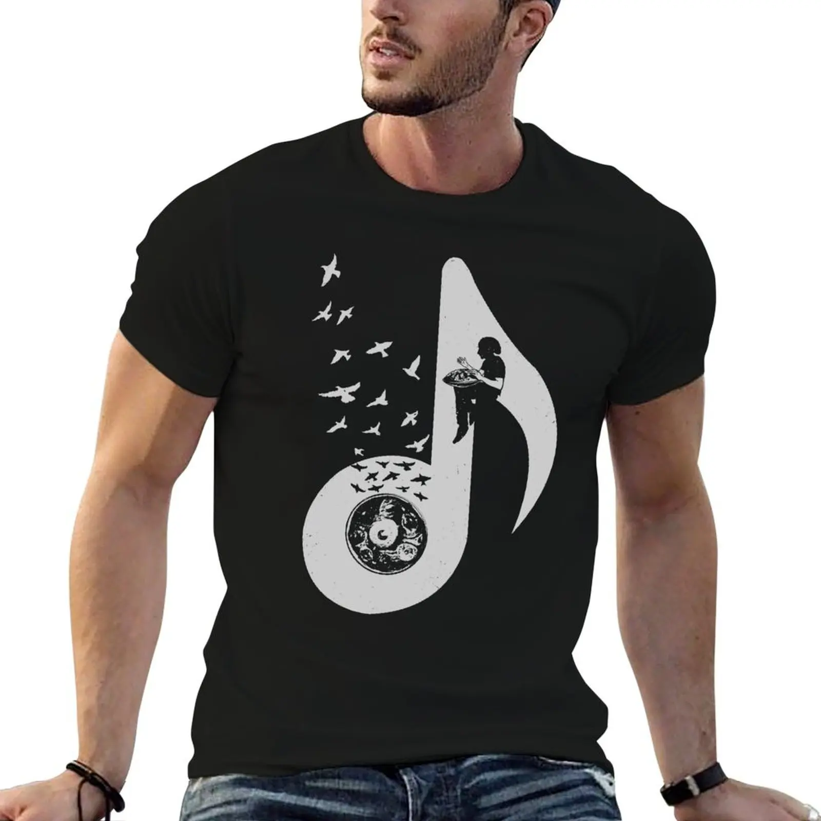 Camiseta com estampa de nota musical Hang Drum, camisetas de algodão 100% para homem, camiseta masculina de algodão com estampa gráfica