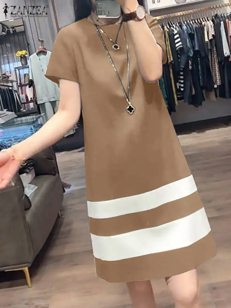 ZANZEA Fashion Women Color Block T-shirt Dress 2024 Summer Casual Short Sleeve O Neck Knee-length Vestidos Korean Style Sundress