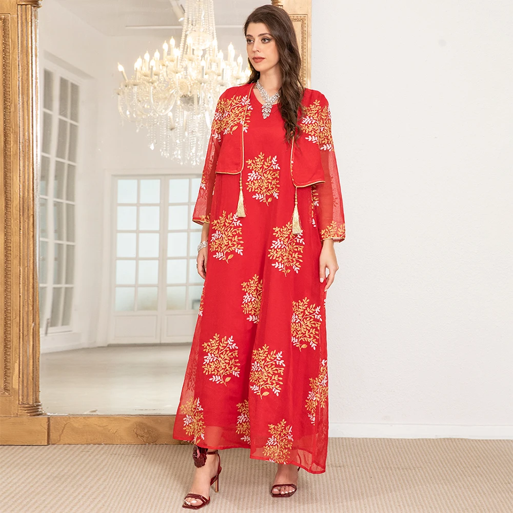 Fridayin Muslim Ramadan Elegant V Neck Floral Jacquard Embroidery Fake Two Piece Regular Sleeve Fashionable Arabian Long Dress