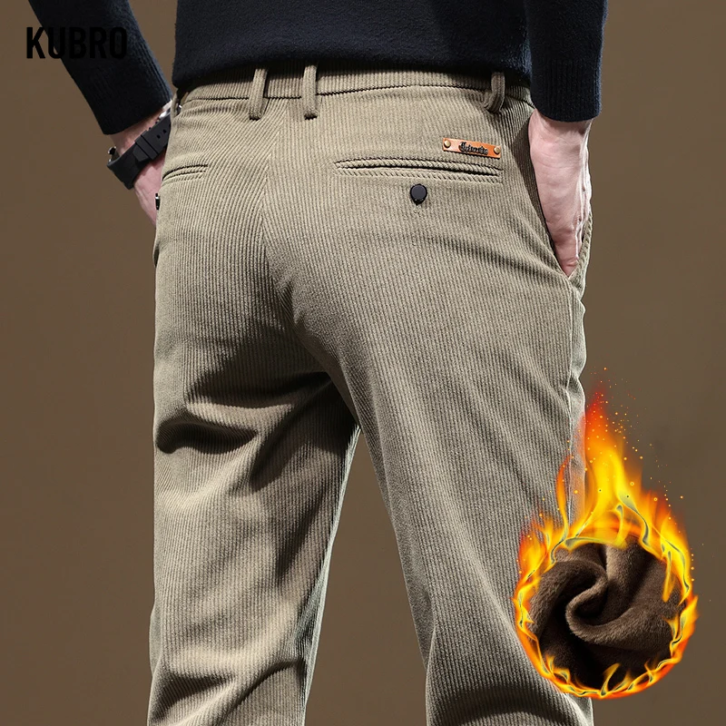 KUBRO-Pantalones clásicos de forro polar para hombre, ropa informal, ajustada, recta, moda coreana, elegante, versátil, cálida, Y2K, Otoño e Invierno