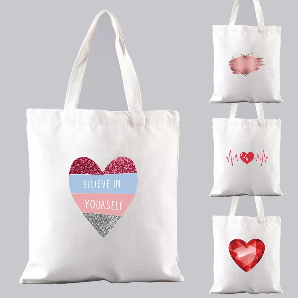 

Reusable Shopping Bag Canvas White Tote Bag Portable Love Printing Series Tote Bag Student Reusable Easy-to-wash Shoulder Bag