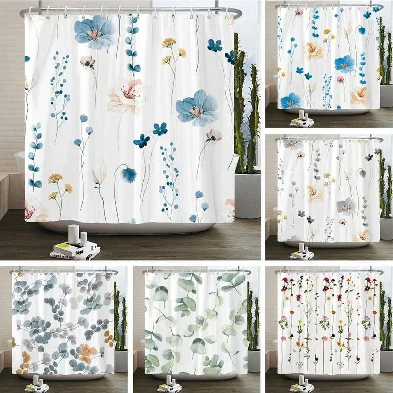 Aesthetic Shower Curtain Pastel Watercolor Floral Eucalyptus Pattern Waterproof Bath Curtain for Bathroom Decoration