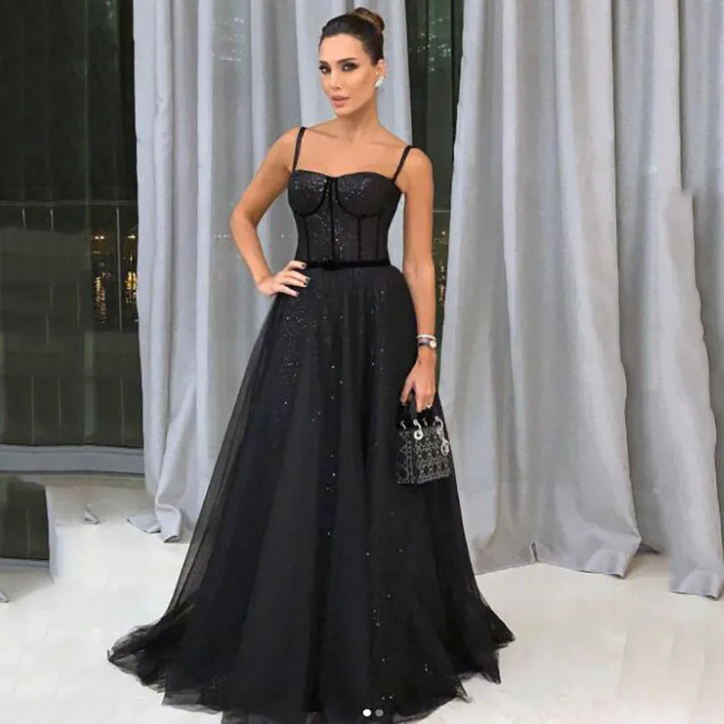 

Simple Sparkly Black Sequins A Line Long Evening Dresses 2022 Spaghetti Straps Sweetheart Corset Formal Party Night Prom Gowns