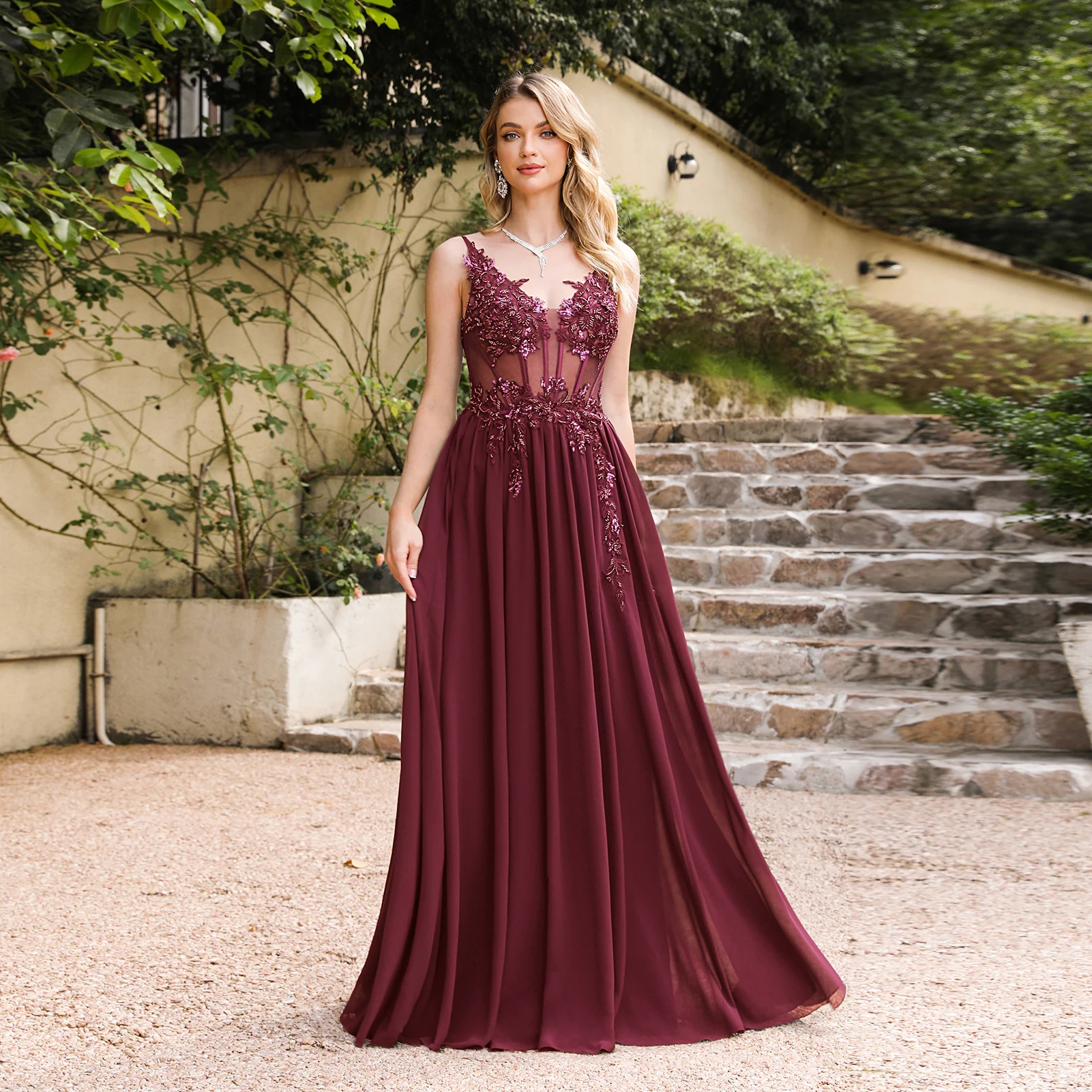 Burgundy 3D Flowers Lace Beads Women Maxi Dress Luxury Stones Female Dresses Long Elegant Formal Evening Party Dress