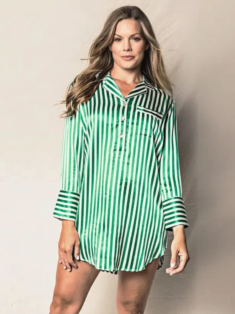 Striped 19MM 100% Mulberry Silk Long-sleeved Chemise Nightdress Women Short Nightshirt Lapel Sleep Dress Button Down Nightgown