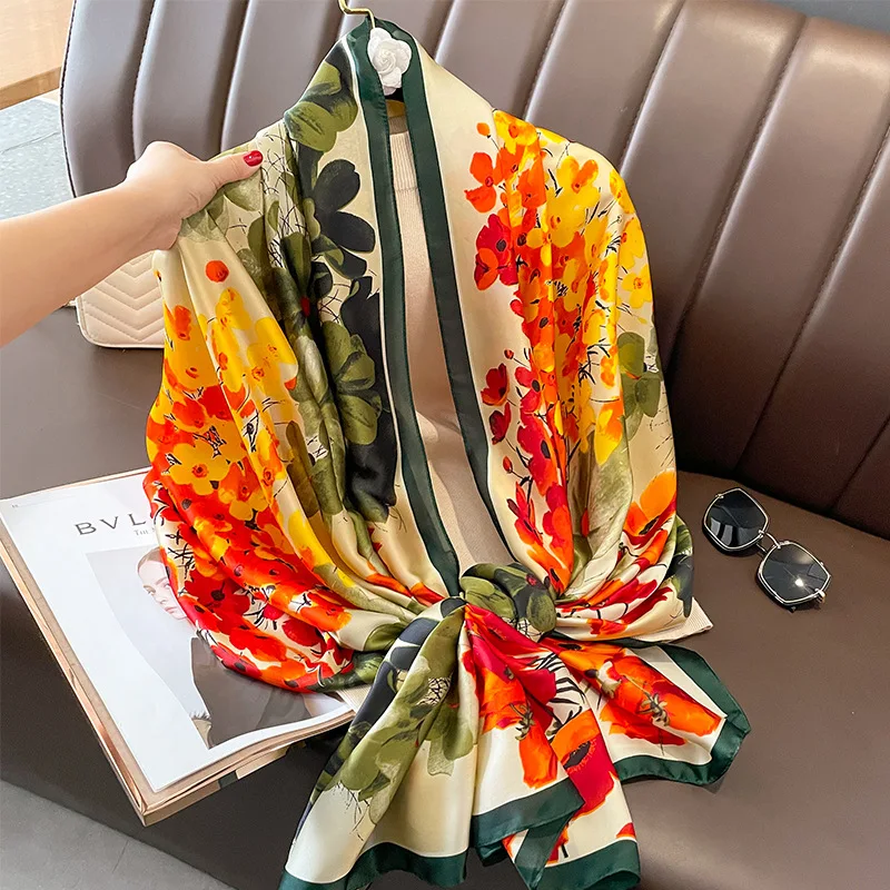 Fashion Print Large Shawl Wraps Silk Scarf Women Luxury Brand Satin Headband Hijab Bandana Turban Foulard Summer Beach Stoles