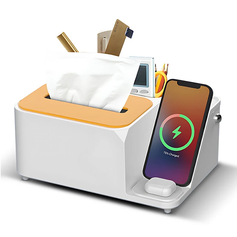 

Multifunctional 3-in-1 Desk Organizer Large Capacity Storage Box 2 Compartment Wireless Charging Station for Phone Smart Watch