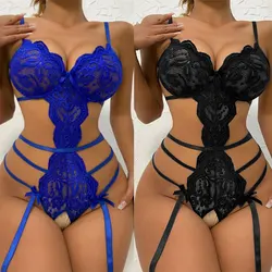 Sleeveless Seamless Sexy Crotchless Lingerie Women Lace Hollow Bra Set Erotic Costumes Deep V Open Bra Sexy Underwear Set