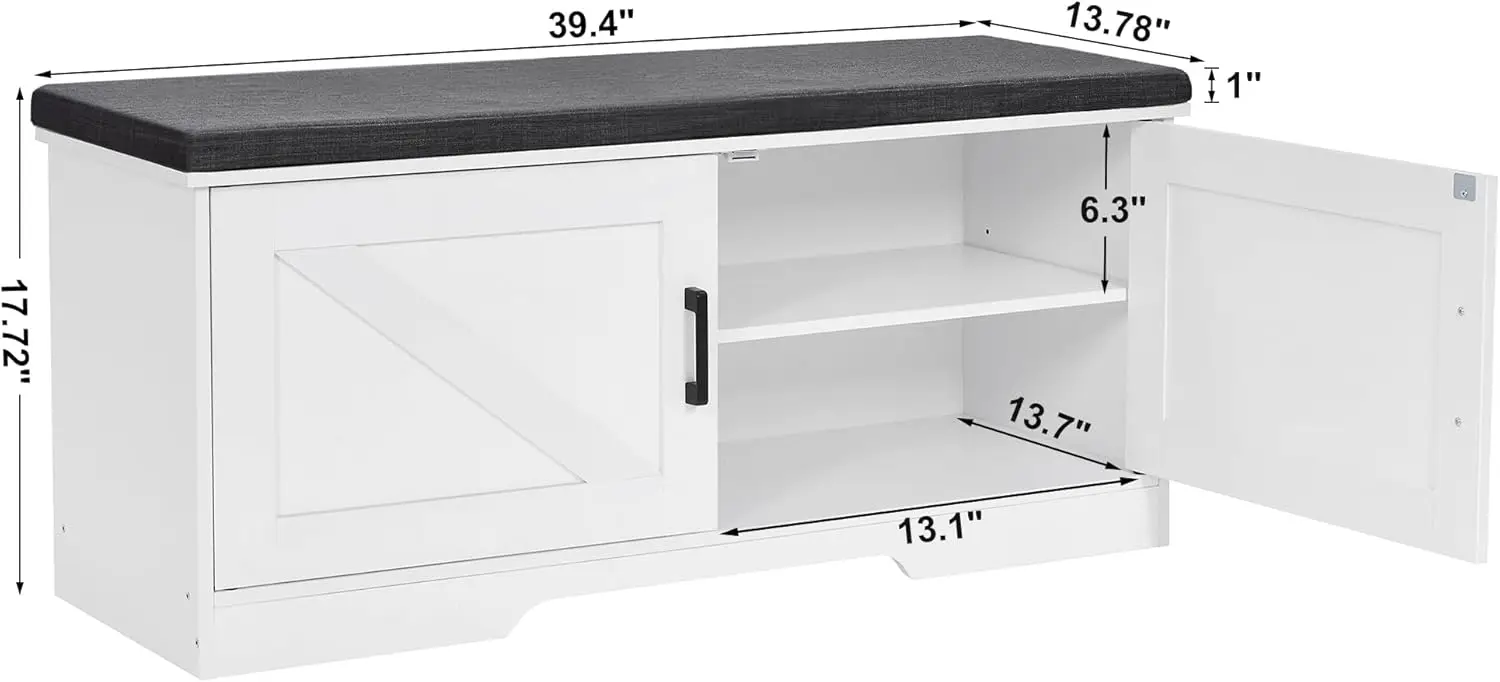 

2-Tier Storage Bench, Shoe Bench with Padded Seat Cushion,13.8" D x 39.4" W x 17.7" H, for Entryway, Living Room, Bedroom, White