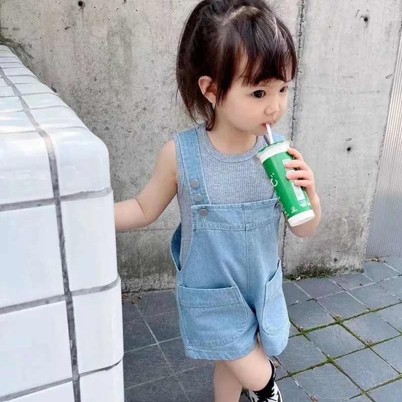 Girls Summer Thin Five-point Denim Bib Shorts Children Outer Wear Casual Loose Shorts Baby Girl Solid Color All Match Bib Shorts