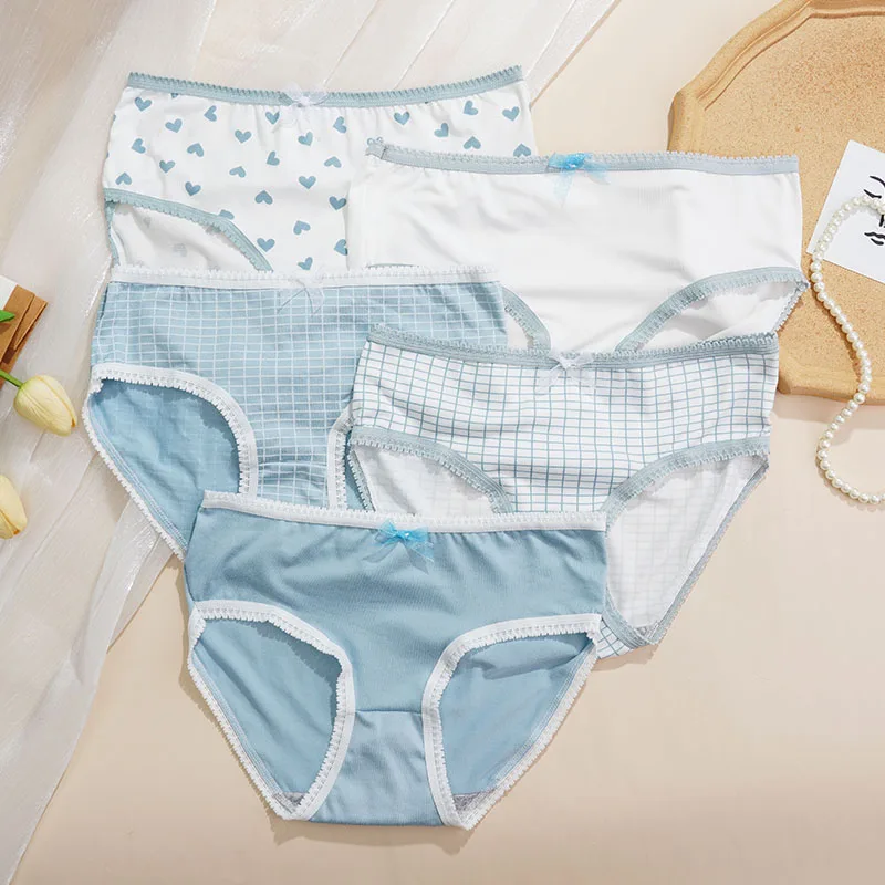 Girls Sweet Cute Fresh Blue And White Bow Lace Panties Middle School Students Soft And Comfortable Breathable Triangle Panties