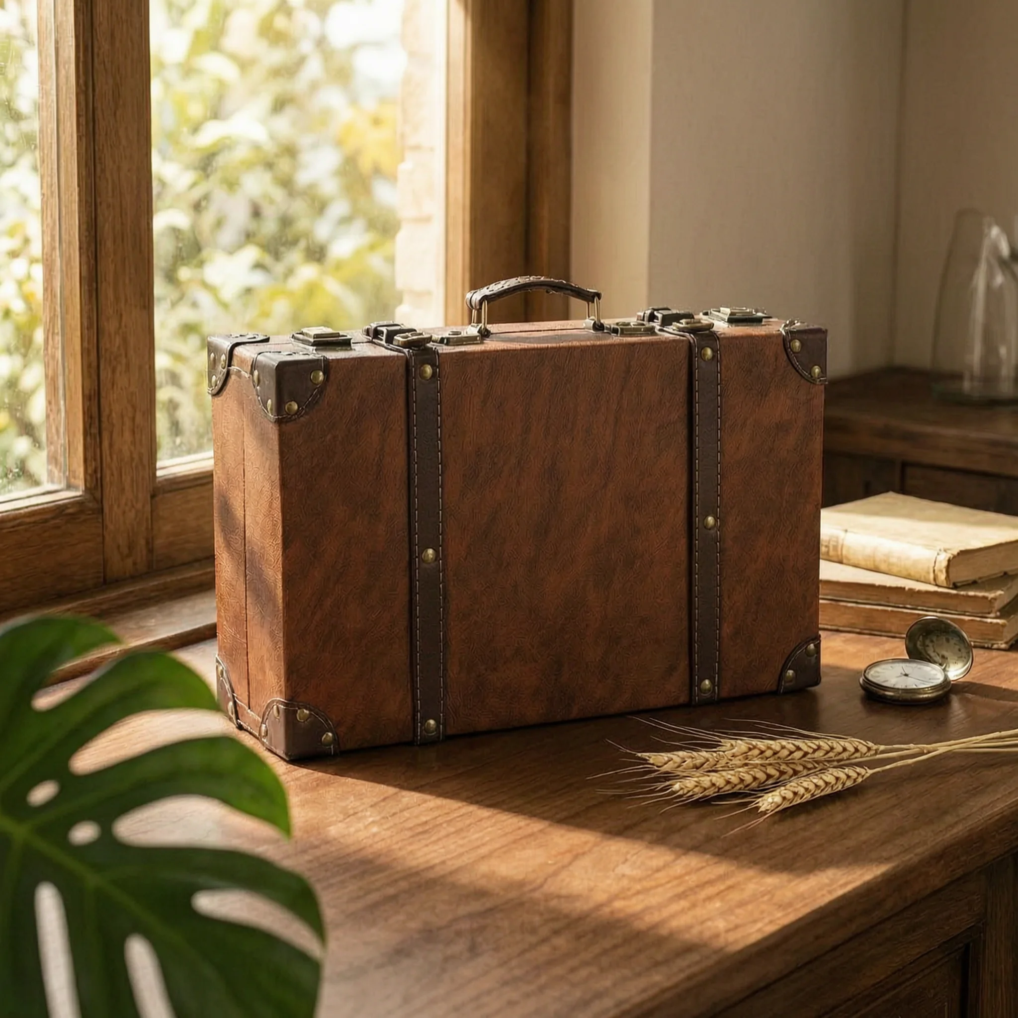 Suitcase-Shaped Storage Box Leather-Like Vintage Suitcase Box Textured Finish Rivet Accent