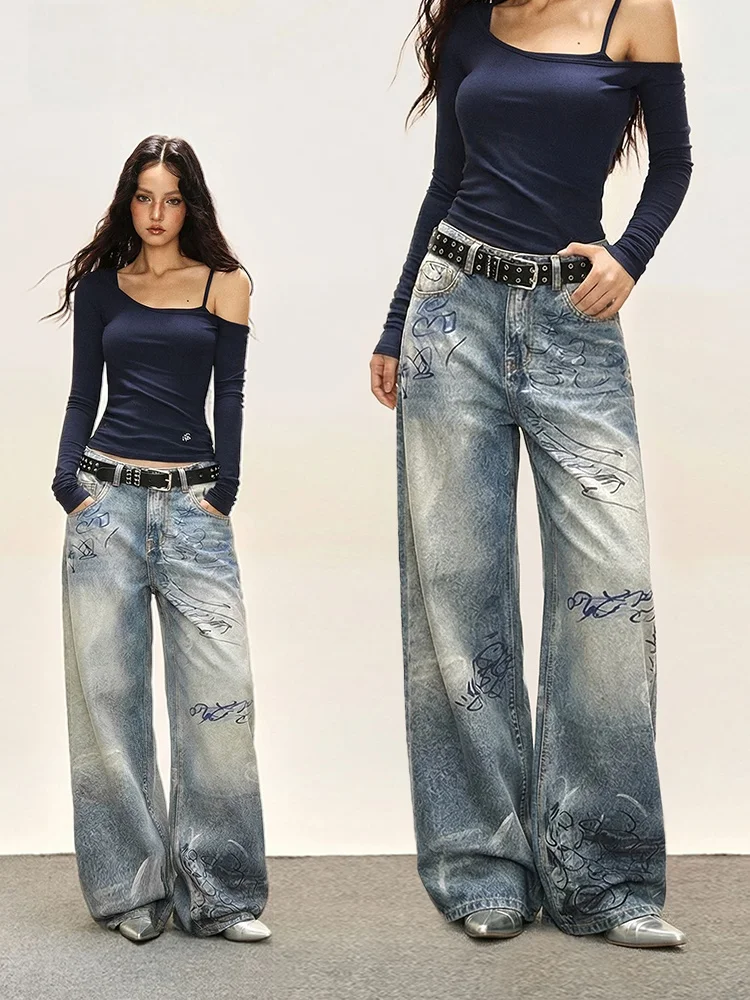 

November Graffiti Print Loose Wide Leg Jeans Women's Spring Autumn Lazy American Design Straight Long Pants Casual Style