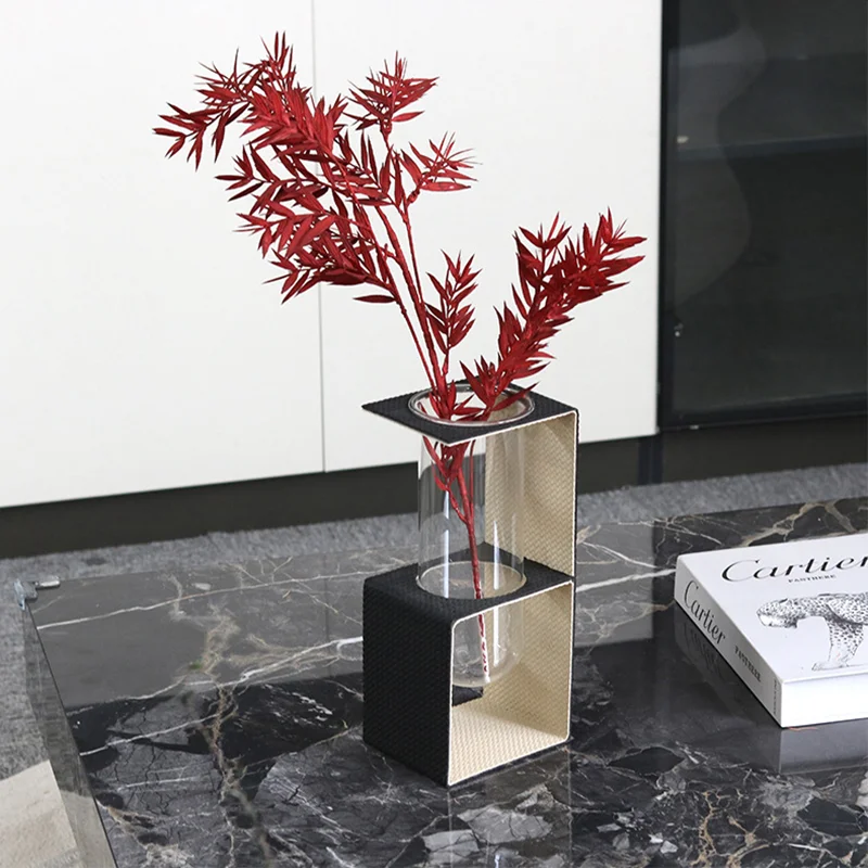 Geometric Art Metal, Leather Weaving, Glass Vase, Hydroponic Vase, Flower Arrangement, Glass Container, Living Room Decoration