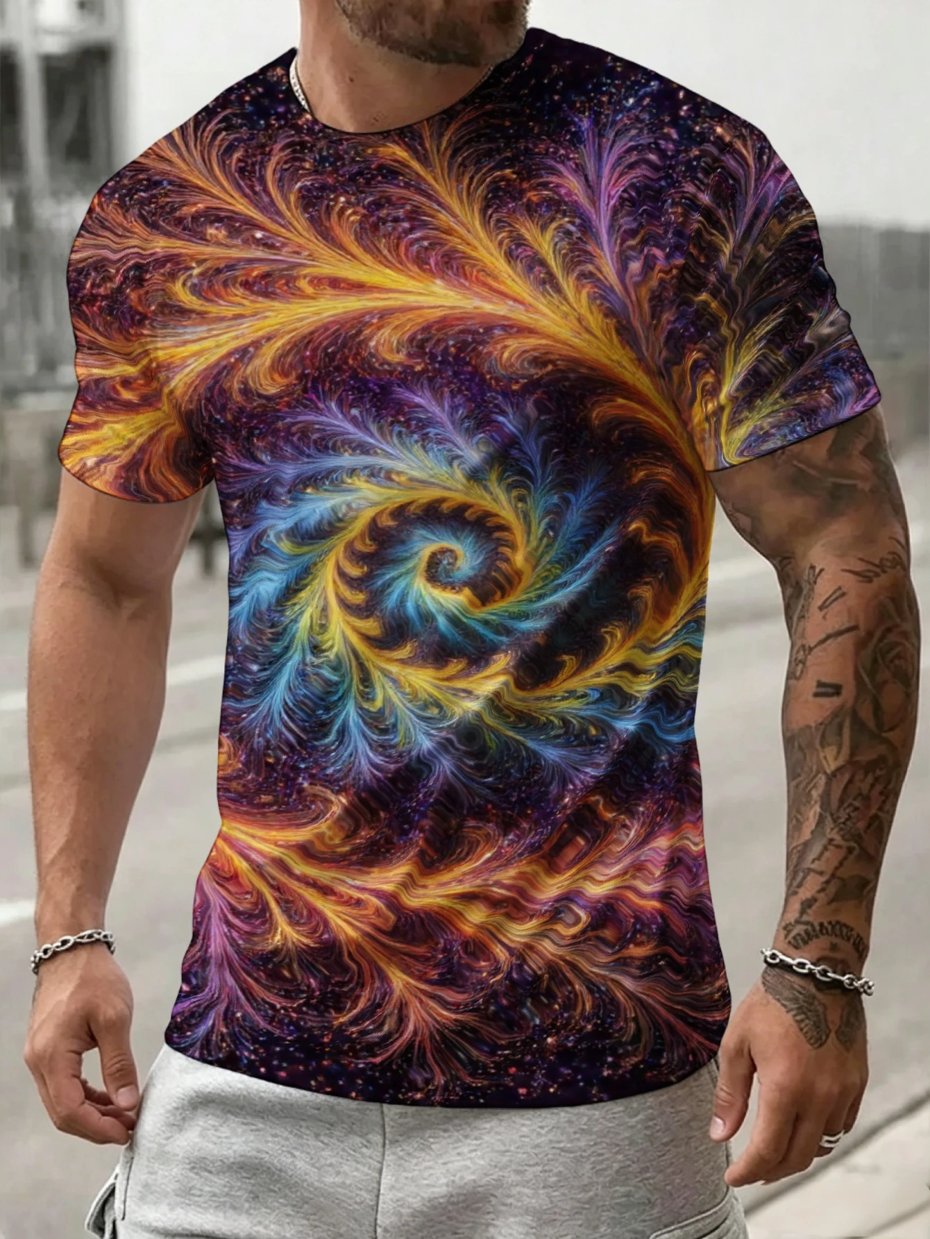 Men Colorful Fractal Swirl Galaxy Psychedelic Full Print Tee O Neck Short Sleeve Casual Top