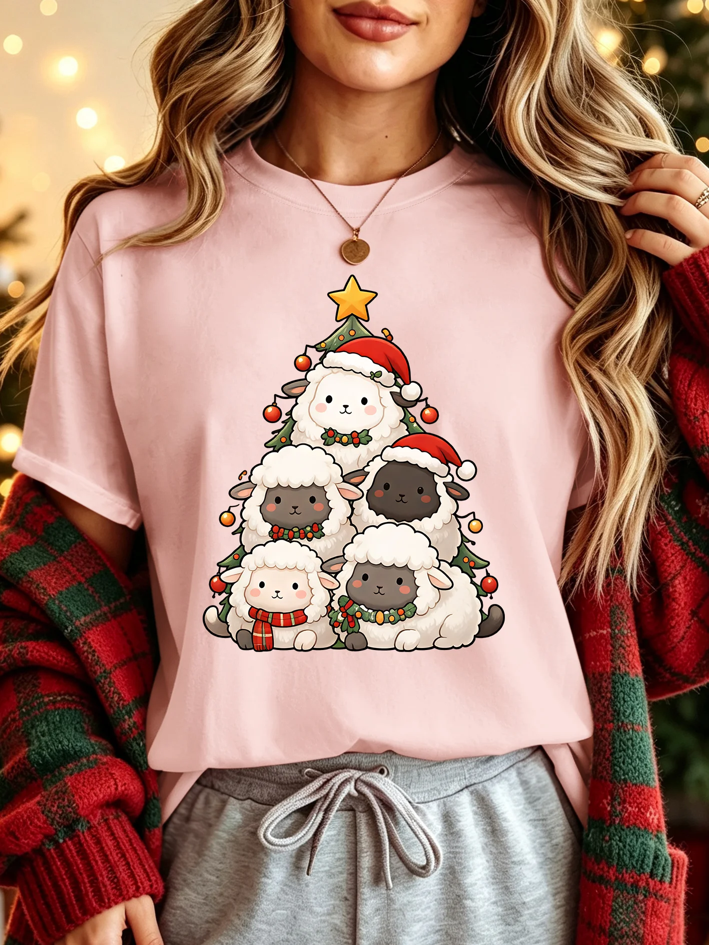 Cute Sheep Christmas Tree Stack Womens Crew Neck Short Sleeve T Shirt Xmas Santa Hat Wreath Scarf Casual Graphic Tees For Ladies