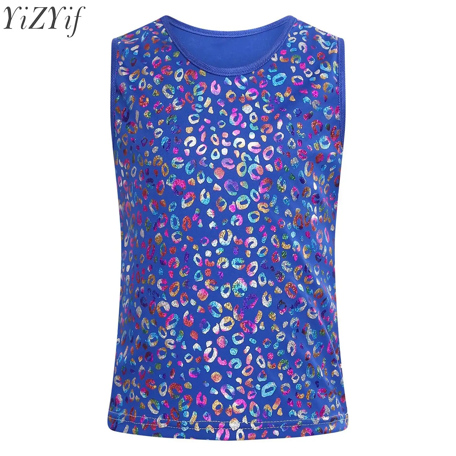 

Детский металлический танцевальный жилет с леопардовым принтом для девочек и мальчиков, топ без рукавов с круглым вырезом, костюм для выступлений на сцене и чирлидинга