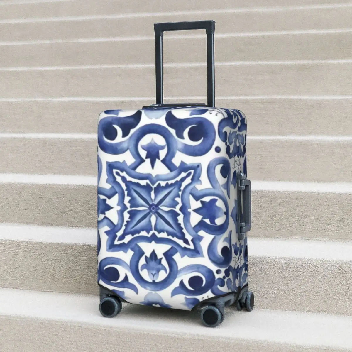 

Blue Ornate Floral Mediterranean Sicilian Tile Suitcase Cover Protection Elastic Travel Luggage Protector Covers for 18-32 Inch