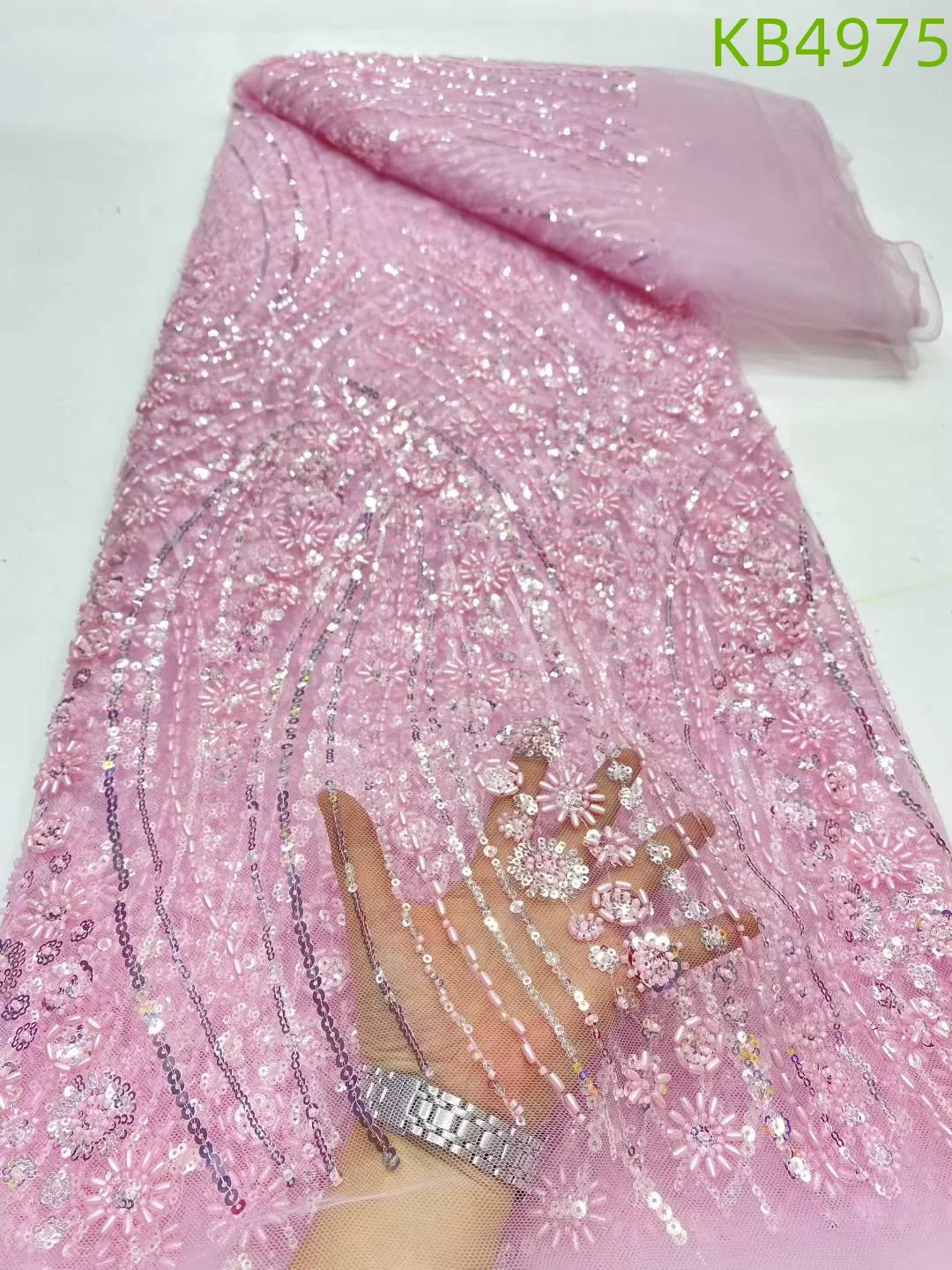 

2025 Luxury Pink Embroidery Beaded Lace Fabric African Nigerian Sequins French Lace Fabric For Wedding Dresses Sewing KB4975
