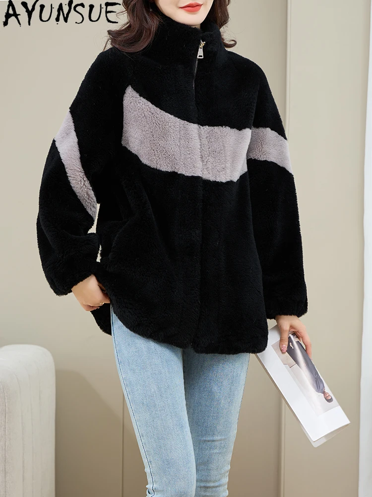 AYUNSUE 100% Naturalna Wełna Damska Kurtka Modna Stójka Granulowane Futro Jagnięce Kurtka Damska Odzież Wysokiej Jakości Abrigo Mujer
