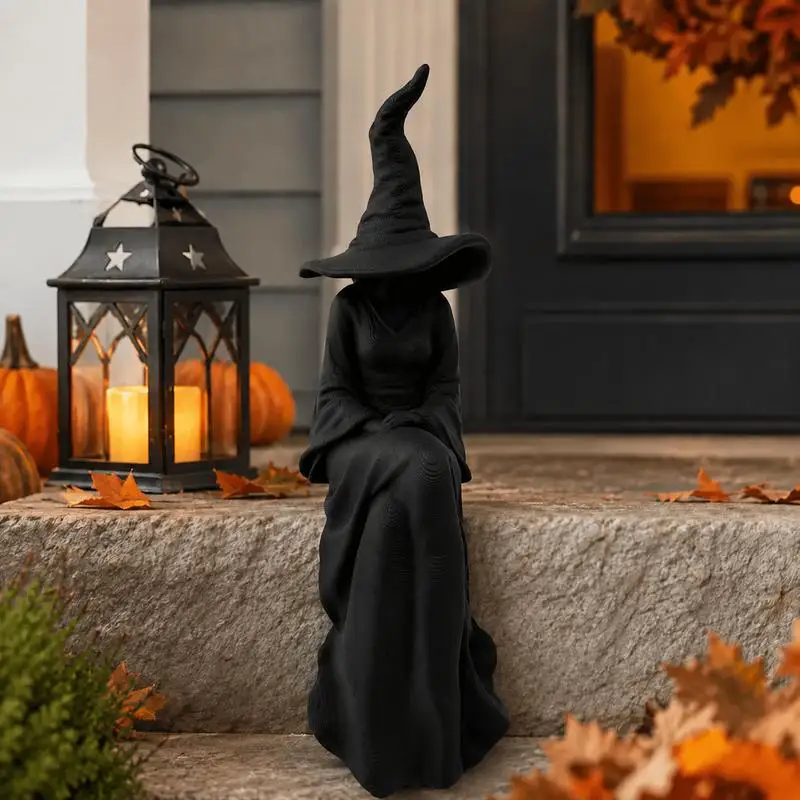Halloween Faceless Witch Figurine -Suitable for Room Decor Black Sitting Witch Wall Hanging with Plastic Retro Statue Decoration