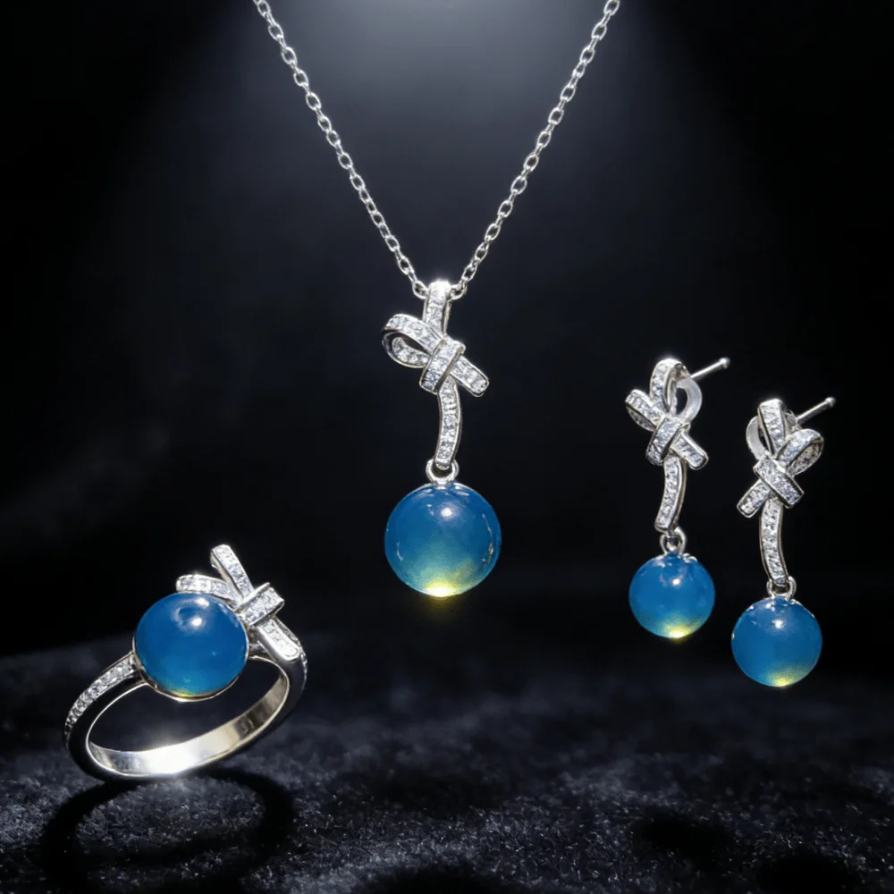 

Natural Mexican Blue Amber Jewelry Set 925 Sterling Silver Necklace Pendant 11mm Ring 9mm Earrings 8mm Butterfly Bow Bead Design