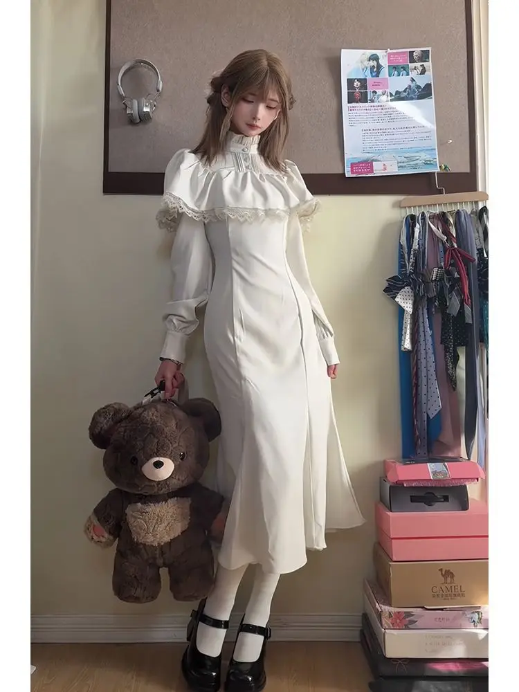 Gothic Style Sweet Spring White Cape Waist Cinched Slimming Fish Tail Dress Long Sleeve Spicy Girl Gothic Style Sweet Spring White Cape Waist Cinched Slimming Fish Tail Dress Long Sleeve Spicy Girl