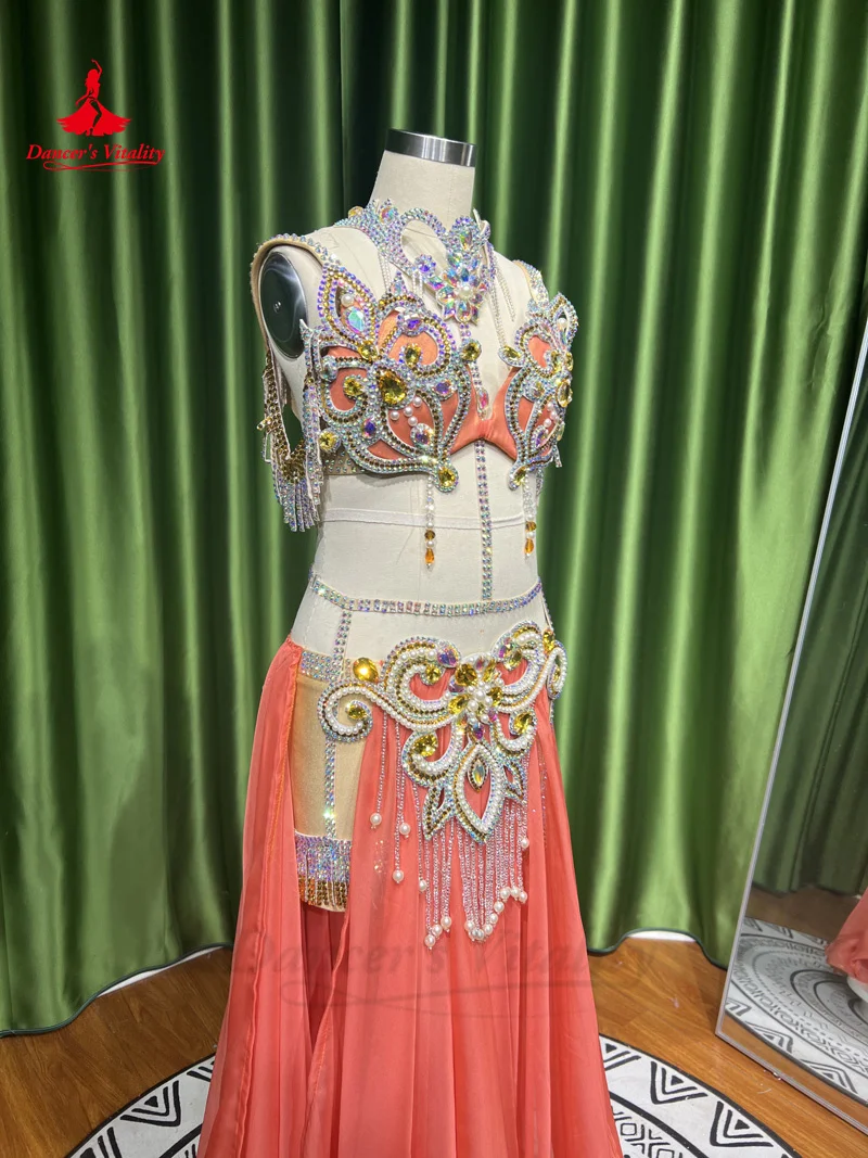 Belly Dance Performance Suit for Women Senior Stones Bra+chiffon Long Skirt 2pcs Custom Adult Children Oriental Dancing Outfit