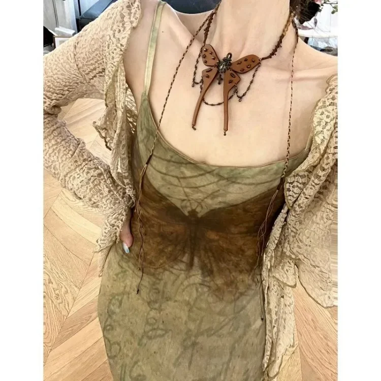 

Американское ретро платье с принтом бабочки и тонкой талией «рыбий хвост» + оборки, кардиган с длинными рукавами, пальто, женские комплекты из 2 предметов, новинка 2023 года